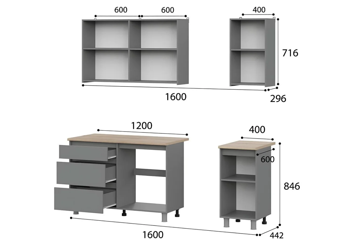 Кухонный гарнитур 1.6м Кухня "Денвер", графитовый цвет, со столешницей, с ящиками